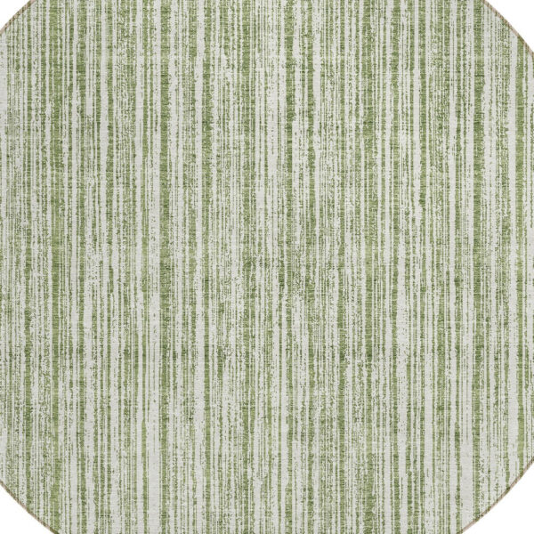 8' Green And Ivory Round Striped Washable Indoor Outdoor Area Rug