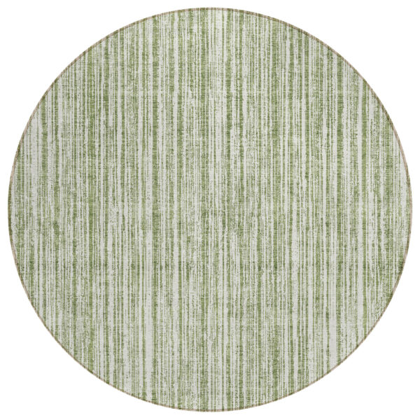 8' Green And Ivory Round Striped Washable Indoor Outdoor Area Rug