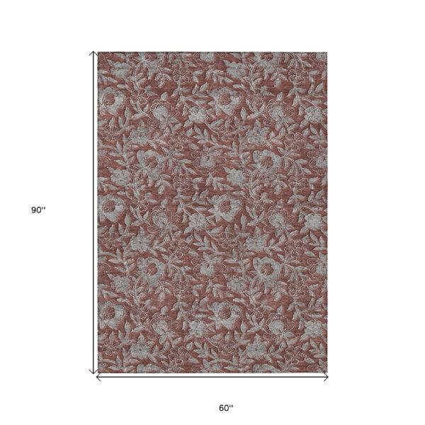 5' X 8' Orange Gray And Silver Floral Washable Indoor Outdoor Area Rug