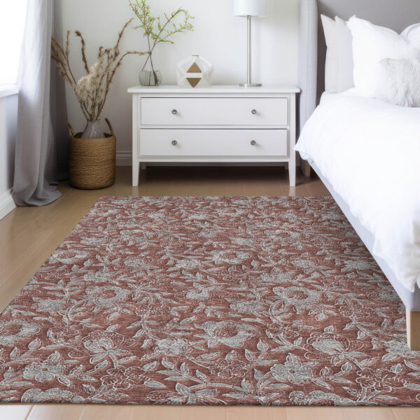 5' X 8' Orange Gray And Silver Floral Washable Indoor Outdoor Area Rug