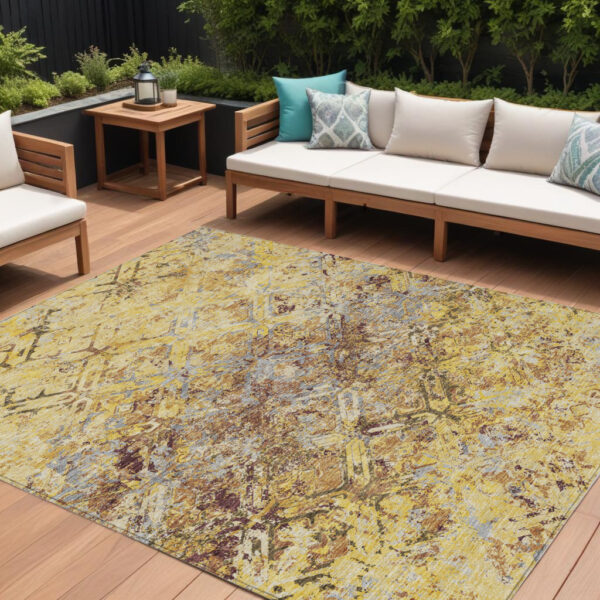 10' X 14' Wheat Gold And Gray Geometric Washable Indoor Outdoor Area Rug