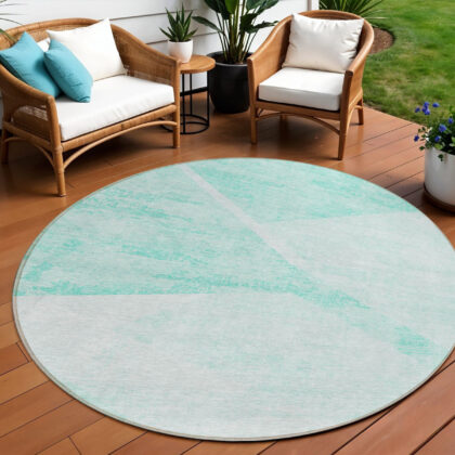 8' Aqua Sky Blue And Ivory Round Abstract Washable Indoor Outdoor Area Rug