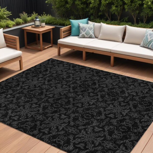 10' X 14' Gray And Charcoal Medallion Washable Indoor Outdoor Area Rug