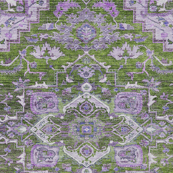 10' X 14' Olive Green And Purple Oriental Washable Indoor Outdoor Area Rug