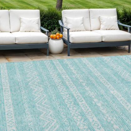9' X 12' Teal Blue And Aqua Southwestern Washable Indoor Outdoor Area Rug