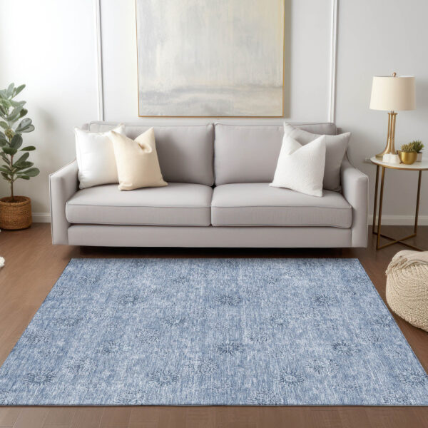9' X 12' Sky Blue And Blue Floral Washable Indoor Outdoor Area Rug