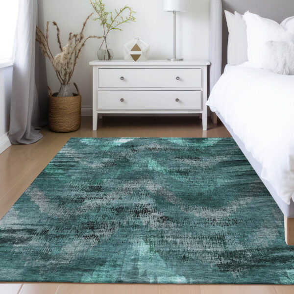 3' X 5' Fern Green And Emerald Abstract Washable Indoor Outdoor Area Rug