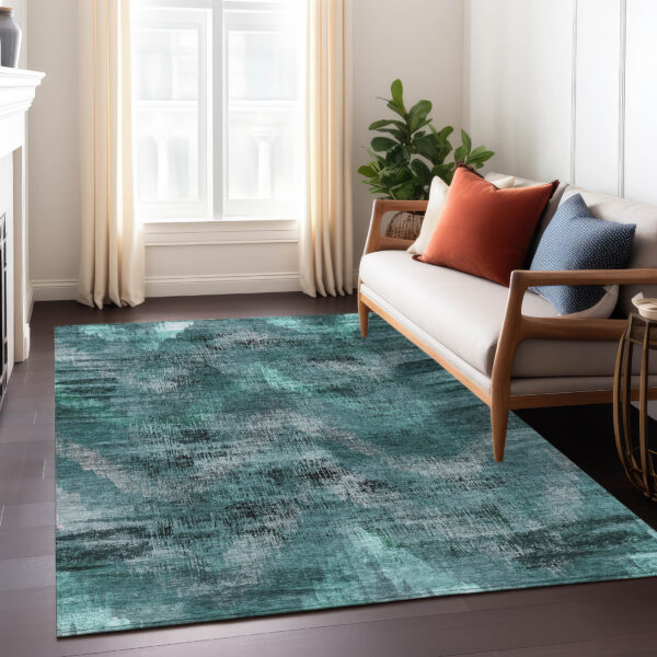 3' X 5' Fern Green And Emerald Abstract Washable Indoor Outdoor Area Rug