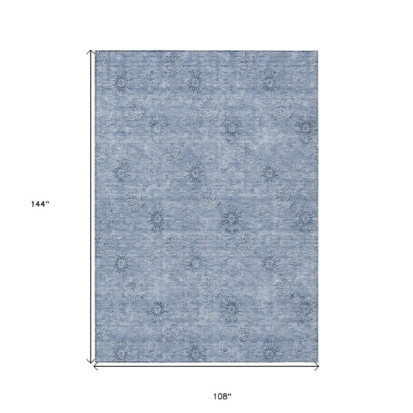 9' X 12' Sky Blue And Blue Floral Washable Indoor Outdoor Area Rug