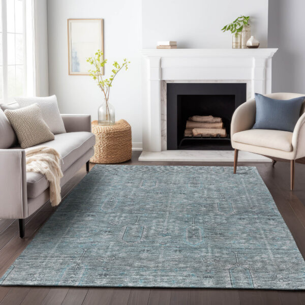 9' X 12' Teal Blue And Gray Southwestern Washable Indoor Outdoor Area Rug