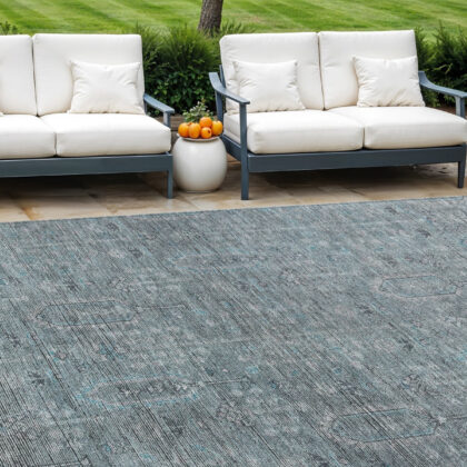 9' X 12' Teal Blue And Gray Southwestern Washable Indoor Outdoor Area Rug