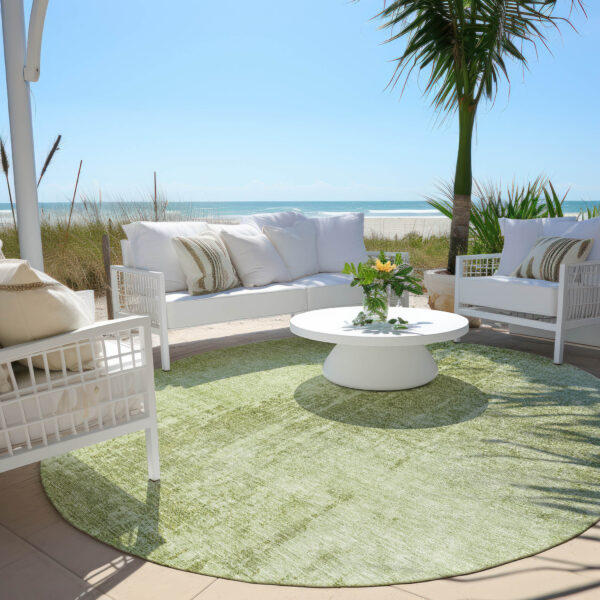 8' Sage And Green Round Abstract Washable Indoor Outdoor Area Rug
