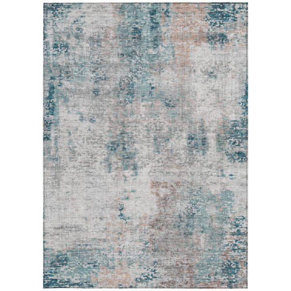8' X 10' Teal Blue Beige And Copper Abstract Washable Indoor Outdoor Area Rug