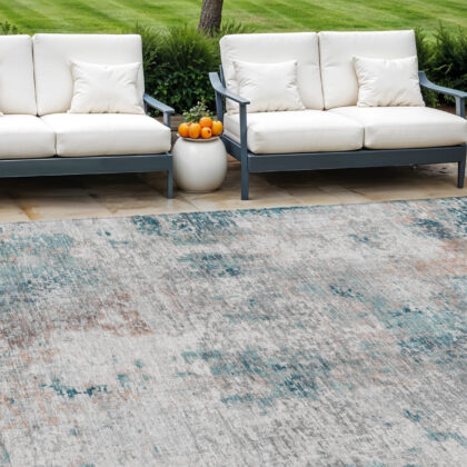 8' X 10' Teal Blue Beige And Copper Abstract Washable Indoor Outdoor Area Rug