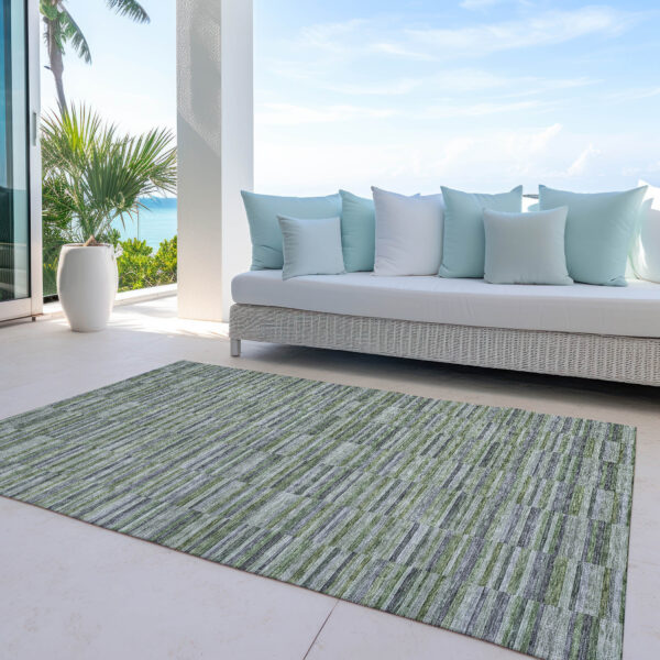 3' X 5' Olive Green And Gray Striped Washable Indoor Outdoor Area Rug