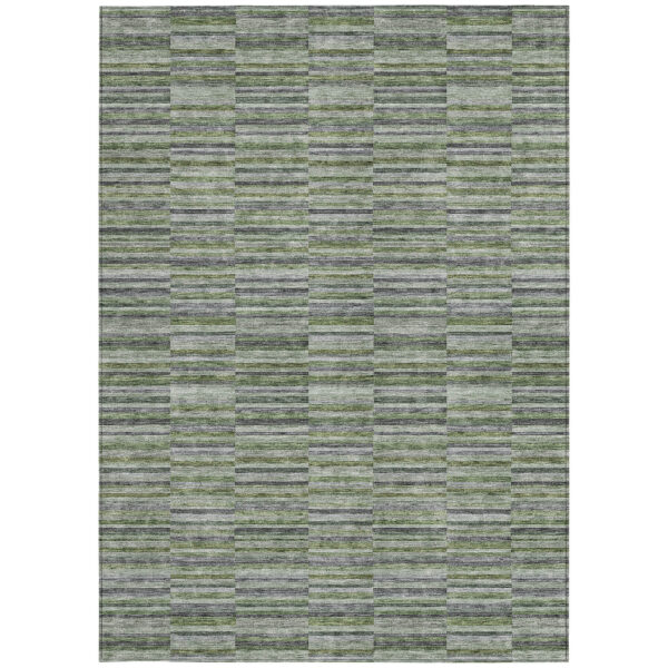 3' X 5' Olive Green And Gray Striped Washable Indoor Outdoor Area Rug