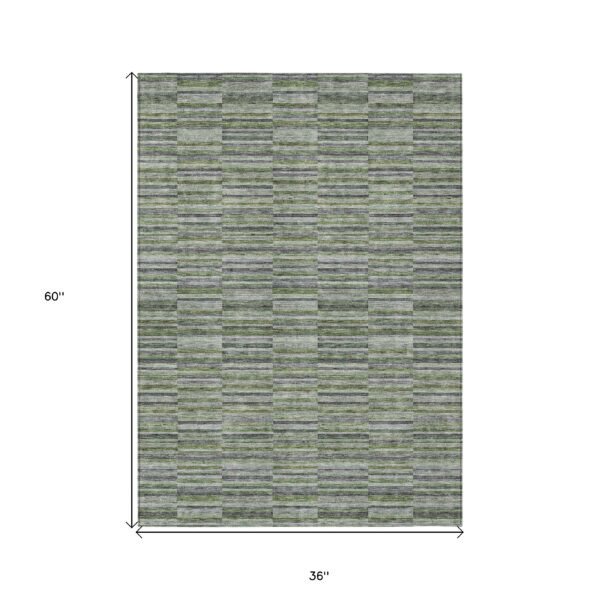 3' X 5' Olive Green And Gray Striped Washable Indoor Outdoor Area Rug