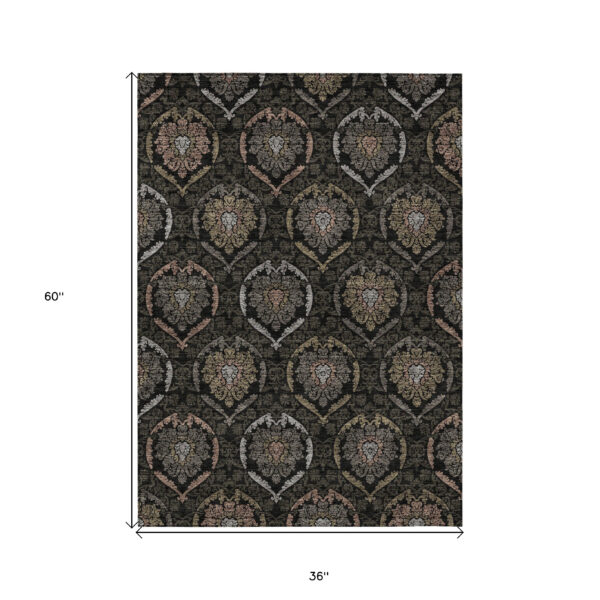 3' X 5' Black Gray And Brown Medallion Washable Indoor Outdoor Area Rug