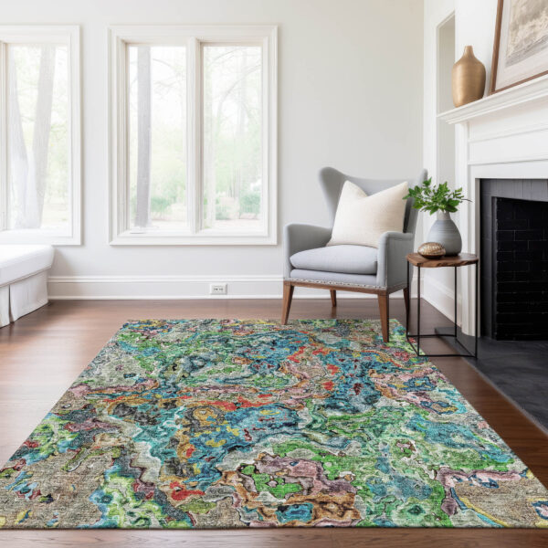 5' X 8' Orange And Teal Blue Abstract Washable Indoor Outdoor Area Rug