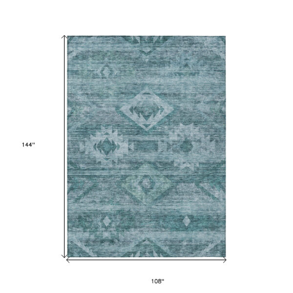 9' X 12' Teal Blue And Aqua Southwestern Washable Indoor Outdoor Area Rug