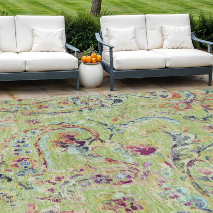 10' X 14' Artichoke Green Green And Pink Paisley Washable Indoor Outdoor Area Rug