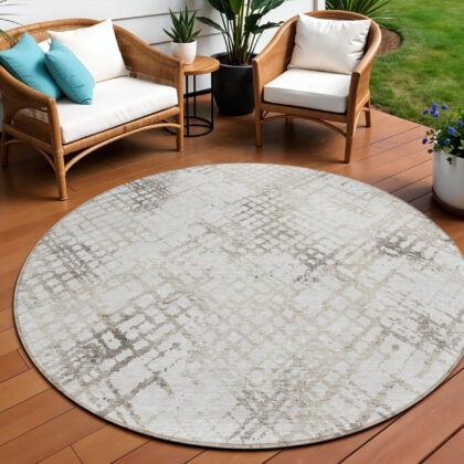 8' Taupe Beige And Brown Round Geometric Washable Indoor Outdoor Area Rug