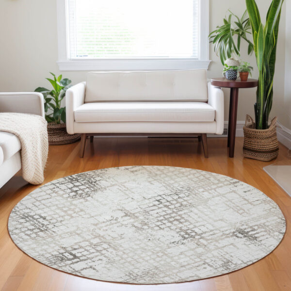 8' Taupe Beige And Brown Round Geometric Washable Indoor Outdoor Area Rug