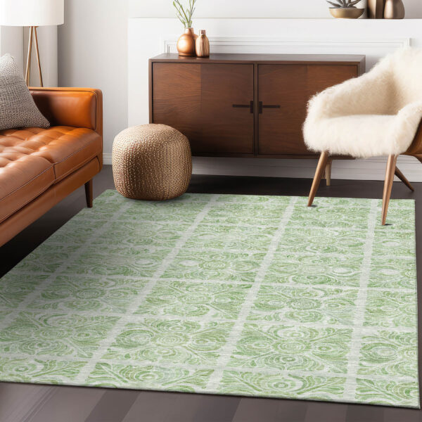 3' X 5' Artichoke Green And Mint Green Medallion Washable Indoor Outdoor Area Rug