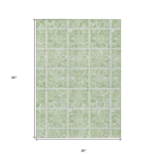 3' X 5' Artichoke Green And Mint Green Medallion Washable Indoor Outdoor Area Rug