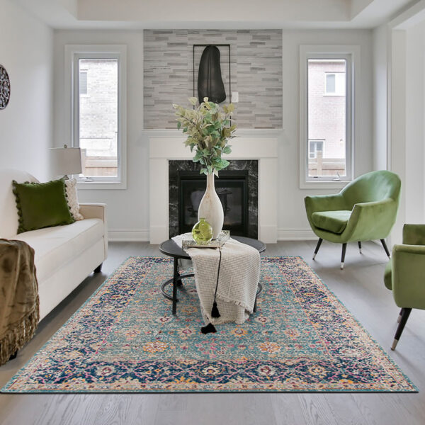 5' x 7' Teal Blue Floral Power Loom Area Rug With Fringe