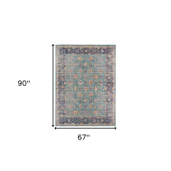 5' x 7' Teal Blue Floral Power Loom Area Rug With Fringe