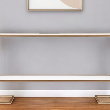 52" Clear and Gold Glass Mirrored Sled Console Table With Shelves