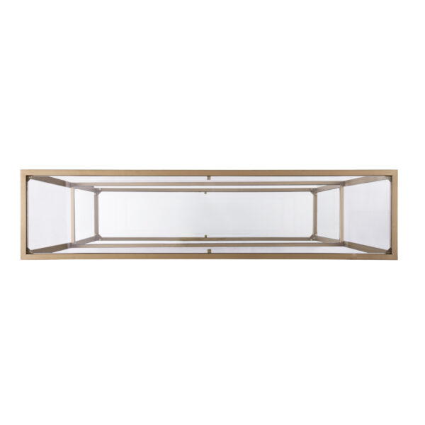 52" Clear and Gold Glass Mirrored Sled Console Table With Shelves