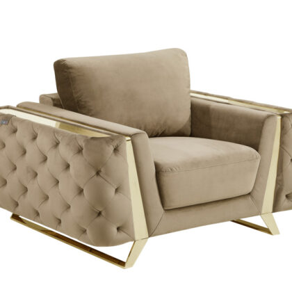 50" Beige And Gold Velvet Tufted Club Chair