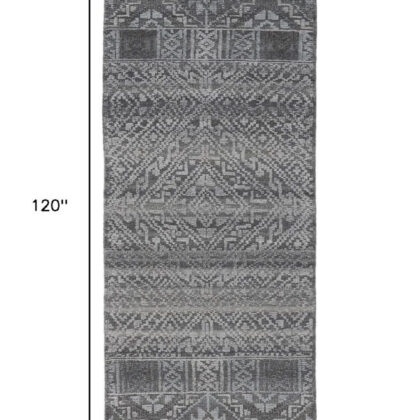 10' Gray Ivory and Blue Geometric Hand Knotted Runner Rug With Fringe
