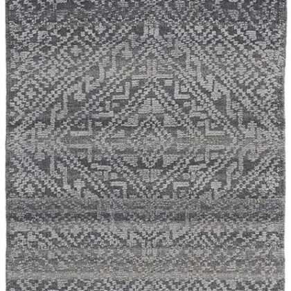 10' Gray Ivory and Blue Geometric Hand Knotted Runner Rug With Fringe
