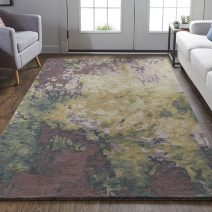 5' X 8' Gold Purple And Green Wool Abstract Tufted Handmade Stain Resistant Area Rug