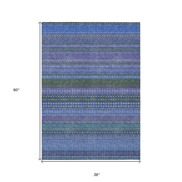 3' X 5' Blue and Green Striped Washable Non Skid Indoor Outdoor Area Rug