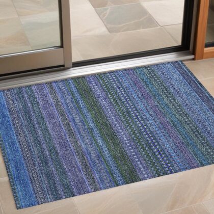 3' X 5' Blue and Green Striped Washable Non Skid Indoor Outdoor Area Rug