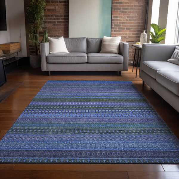 3' X 5' Blue and Green Striped Washable Non Skid Indoor Outdoor Area Rug
