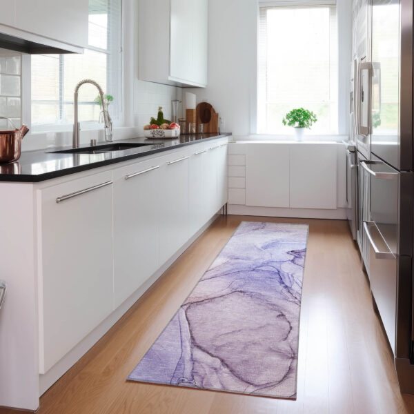 2' X 8' Gray and Purple Abstract Washable Non Skid Indoor Outdoor Runner Rug