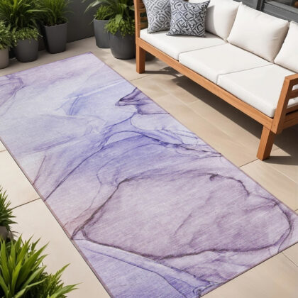 2' X 8' Gray and Purple Abstract Washable Non Skid Indoor Outdoor Runner Rug