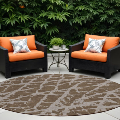8' Round Brown Round Abstract Washable Non Skid Indoor Outdoor Area Rug