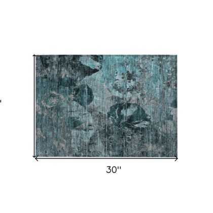 2' X 3' Teal and Gray Floral Washable Non Skid Indoor Outdoor Area Rug
