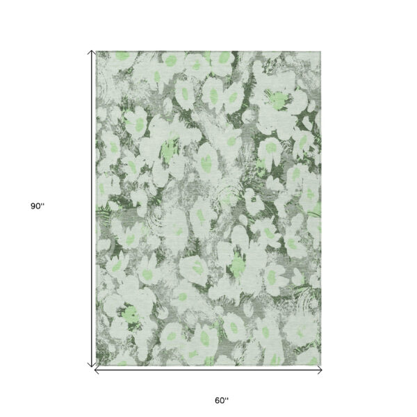 5' X 8' Artichoke Green Floral Washable Non Skid Indoor Outdoor Area Rug