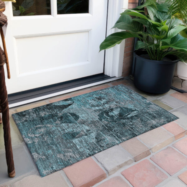 2' X 3' Teal and Gray Floral Washable Non Skid Indoor Outdoor Area Rug