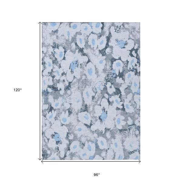 8' X 10' Denim Blue Floral Washable Non Skid Indoor Outdoor Area Rug