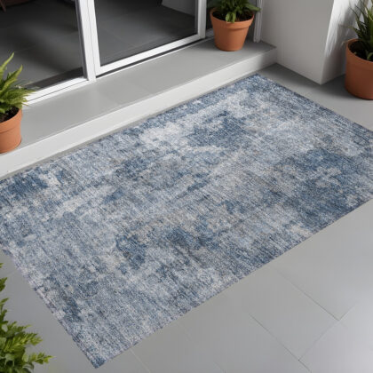 3' X 5' Blue Abstract Washable Non Skid Indoor Outdoor Area Rug