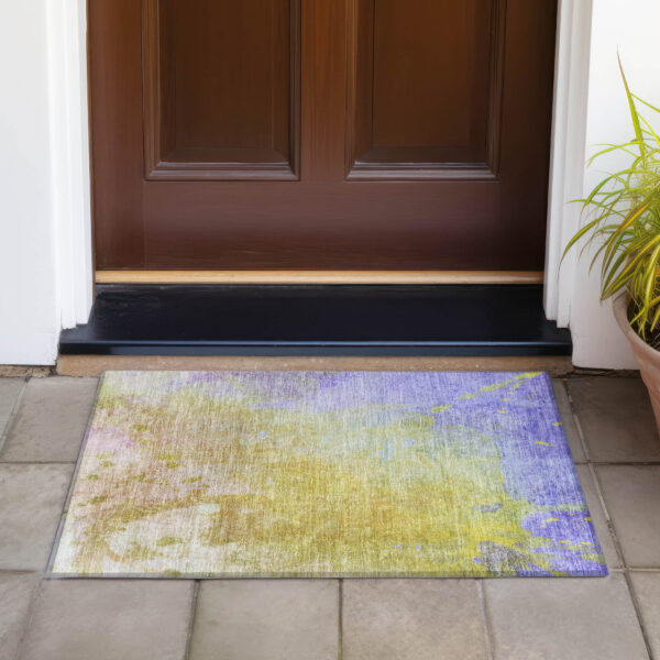 2' X 3' Blue Gold and Wheat Abstract Washable Non Skid Indoor Outdoor Area Rug