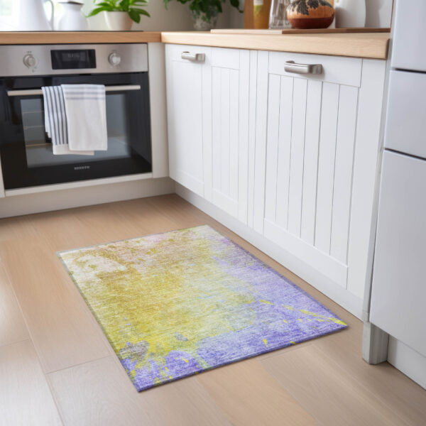 2' X 3' Blue Gold and Wheat Abstract Washable Non Skid Indoor Outdoor Area Rug